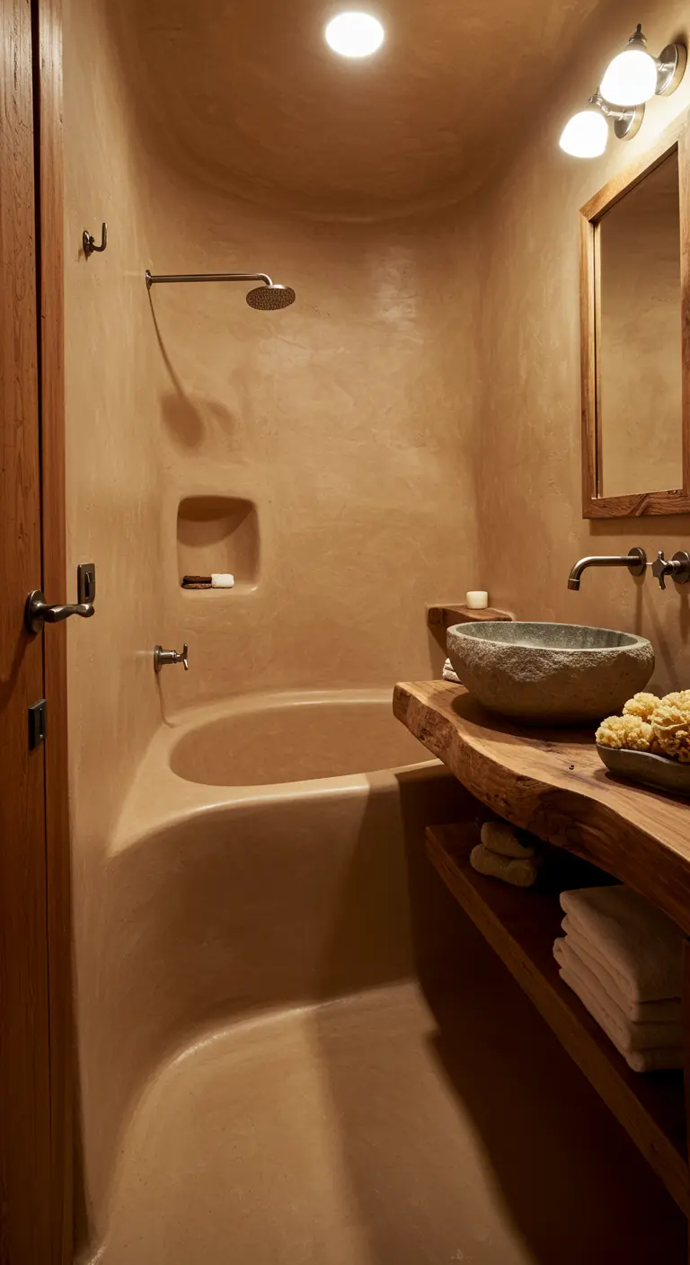 Organic bathroom with seamless beige plaster walls and a built-in tub.