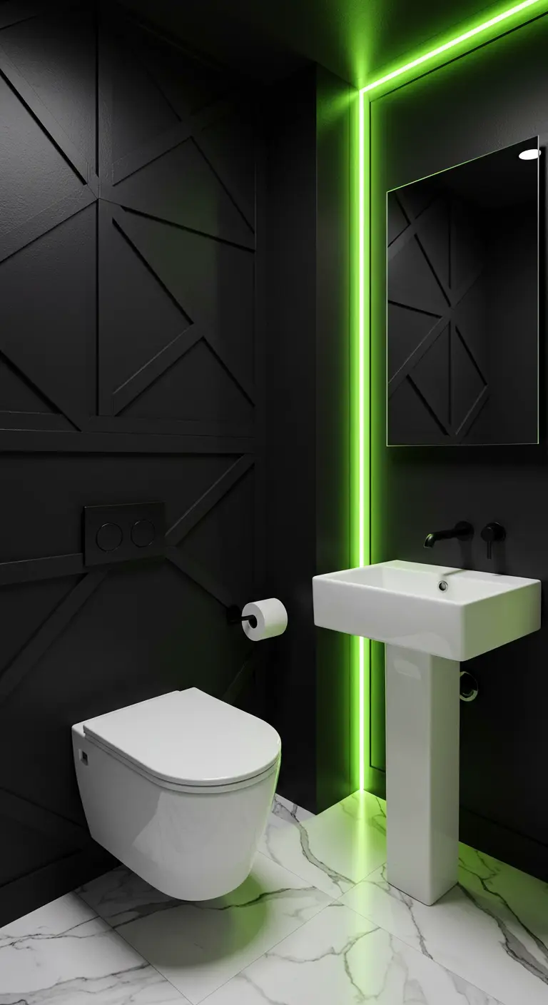 Matte black powder room with a vertical green neon light strip and white marble floors.