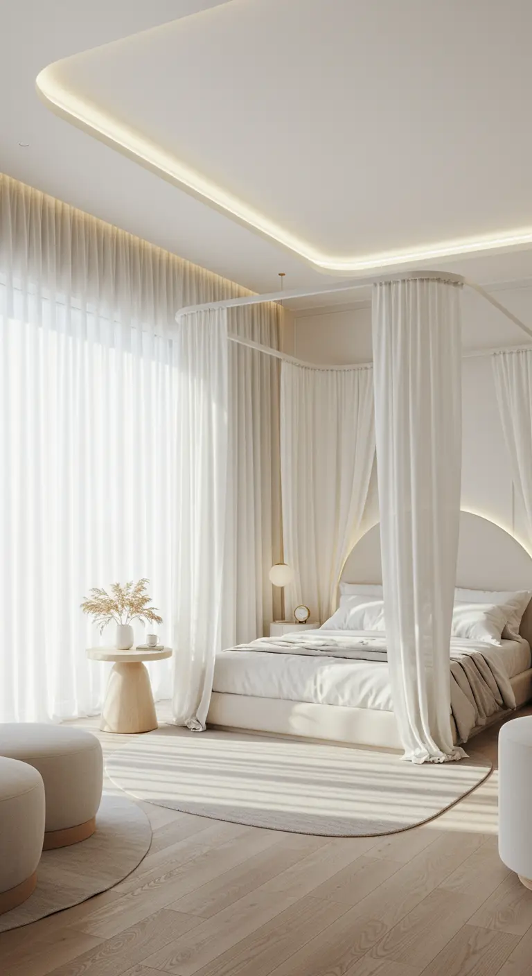 All-white bedroom with a canopy bed draped in sheer curtains and curved ceiling lights.