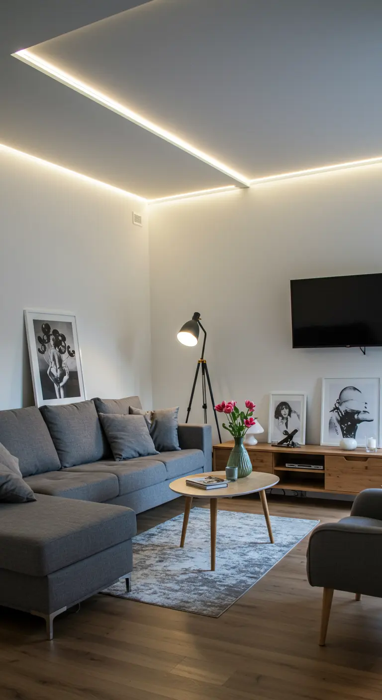 A modern living room with recessed LED strips forming clean lines across the ceiling.