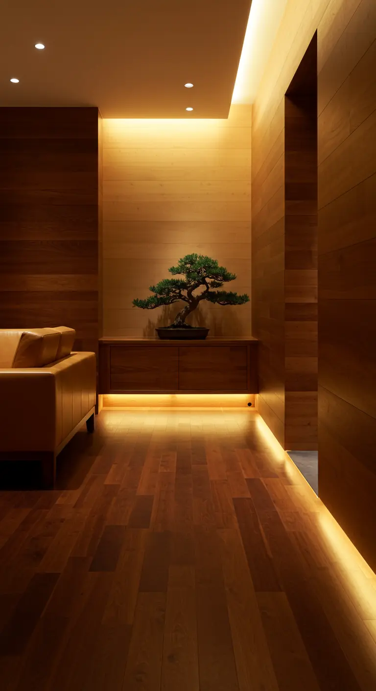 A warm, wood-paneled room where recessed LED lighting highlights a bonsai on a console.