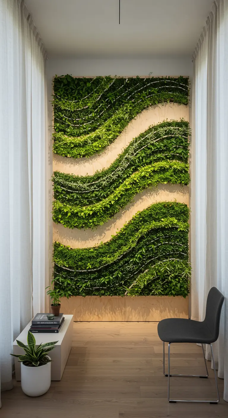 A wall installation with wavy, horizontal bands of lush greenery against a light wood back.