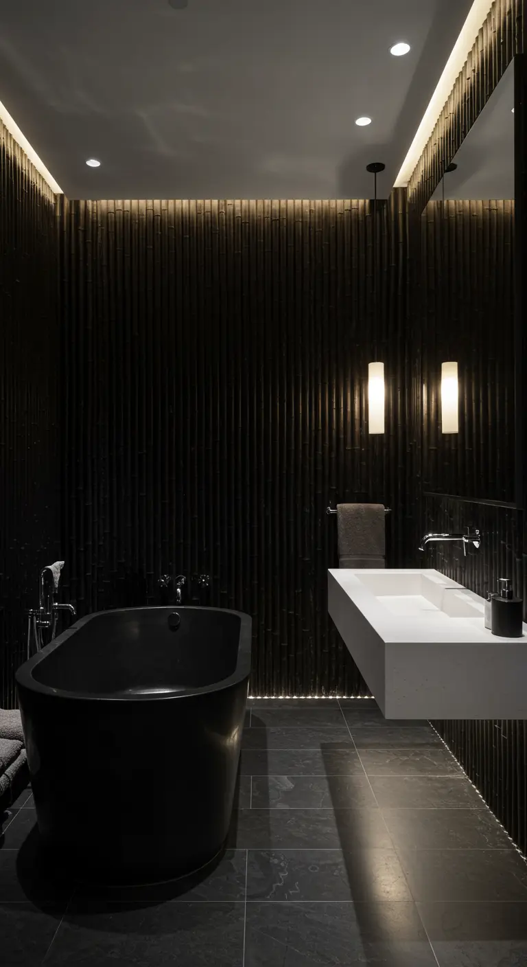 Modern black bathroom with black bamboo walls, a black tub, and dramatic cove lighting.