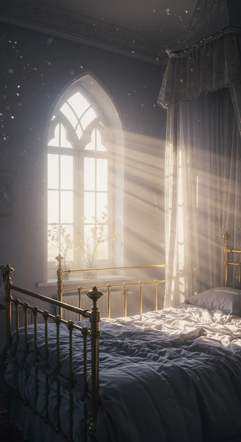 Sunbeams stream through a gothic arched window into a bedroom with a brass bed and sheer canopy.