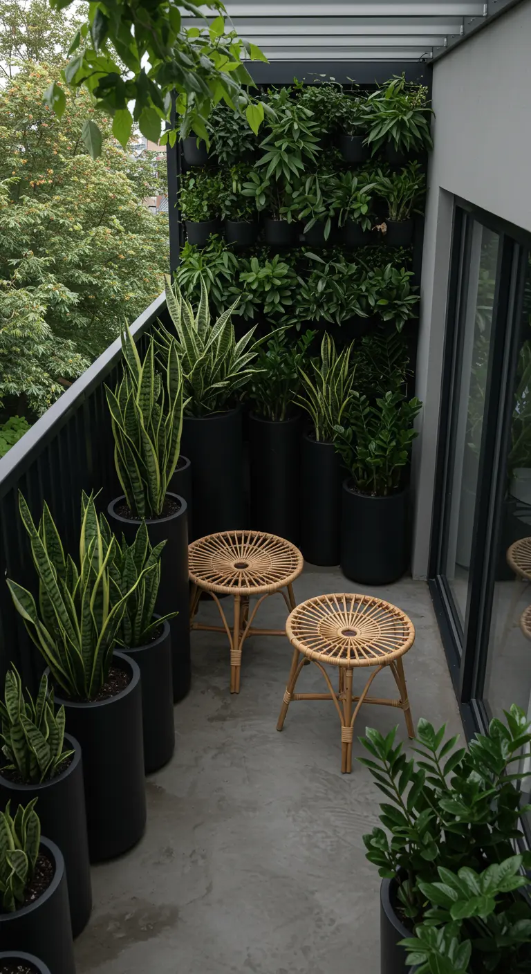 A modern balcony with tall black planters filled with snake plants and two small rattan stools.