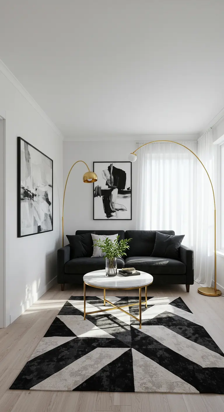 Living room with black sofa, gold arc lamps, and a bold black-and-white geometric rug.