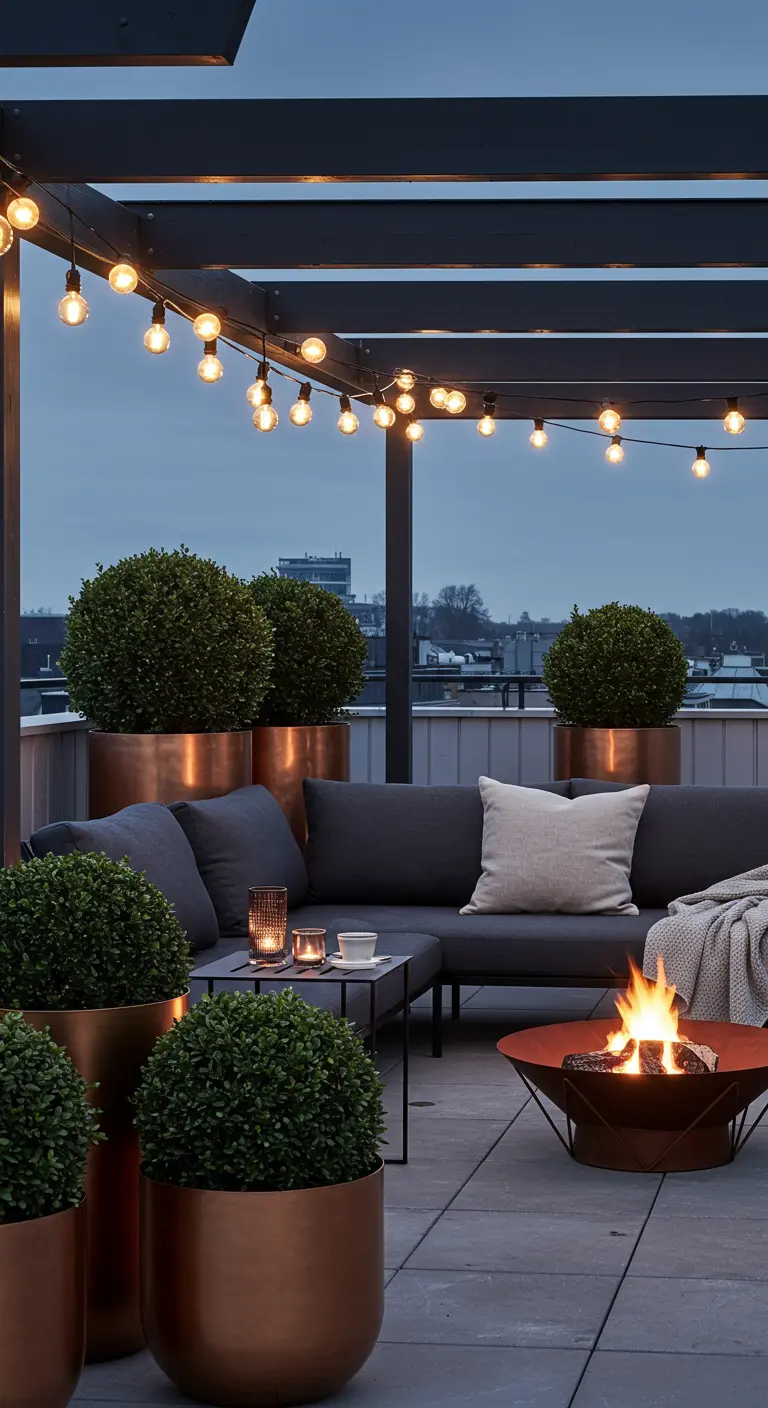 A modern rooftop terrace with boxwood spheres in large copper planters and a copper fire pit.
