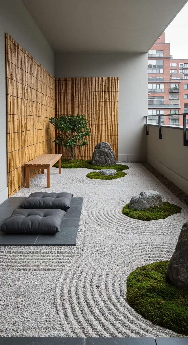 A full balcony Zen garden with raked white sand, large rocks, and moss patches.