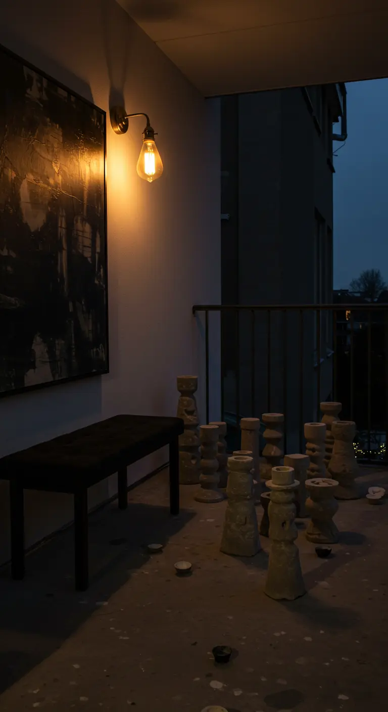A modern balcony with a large piece of art, a black bench, and sculptural objects on the floor.