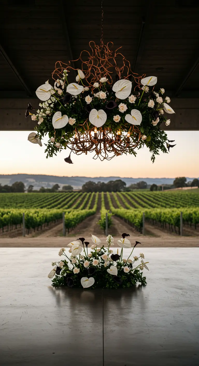 A modern, sculptural chandelier with white anthuriums and dark calla lilies overlooking a vineyard.