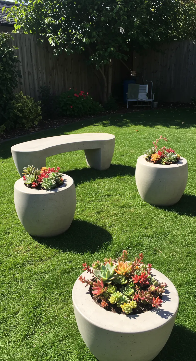 A curved, light grey concrete bench and several matching round planters on a bright green lawn.