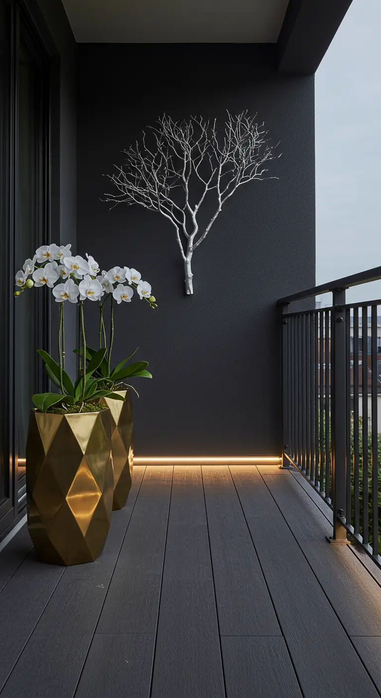 Minimalist balcony with a black wall, silver branch art, and white orchids in geometric gold planters.