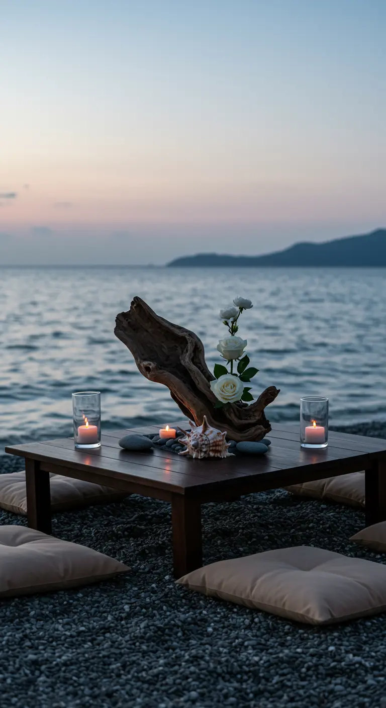 A low table on a pebble beach with a driftwood centerpiece, candles, and floor cushions.