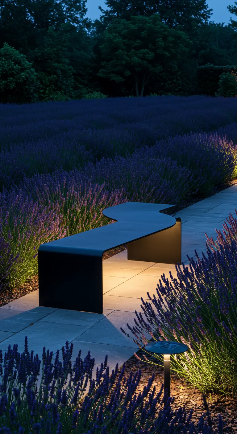 A long, wavy black bench dramatically lit from below by path lights at night.