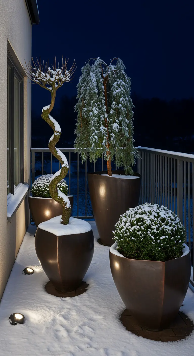 Sculptural trees and boxwoods in bronze planters, uplit on a snowy balcony at night.