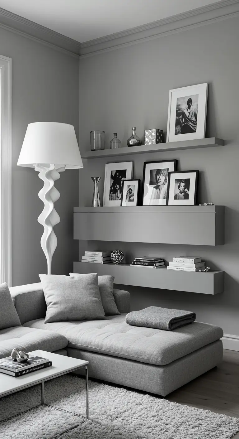 Monochromatic grey living room with modern block shelves and a sculptural white floor lamp.