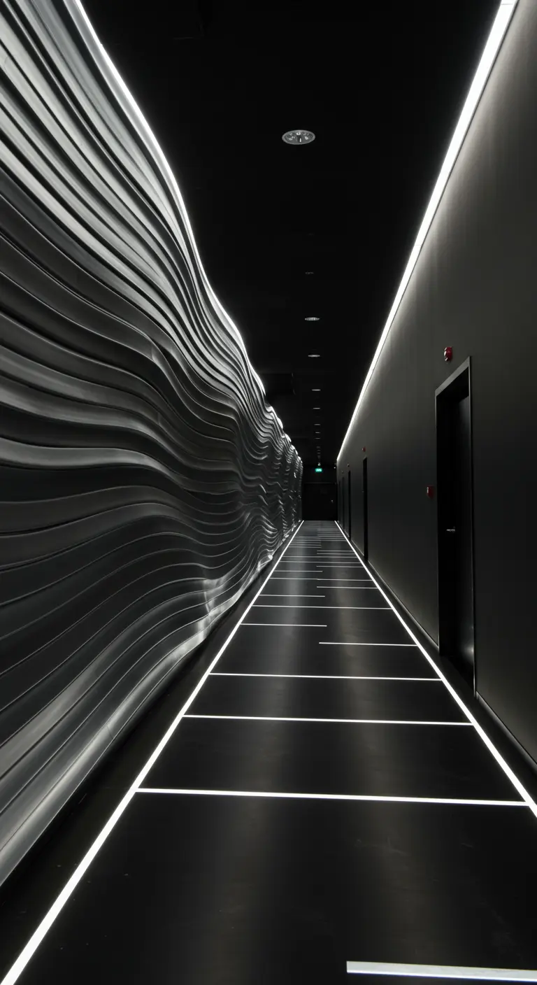 A long, dark hallway with a textured silver wall and linear white lights on the floor and ceiling.