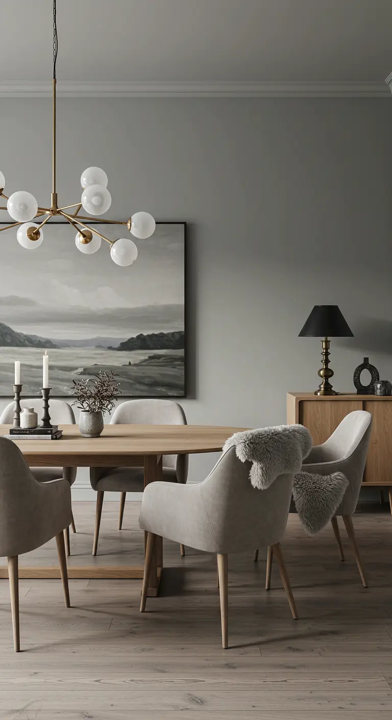 Oak dining table with upholstered chairs, two with sheepskin throws, under a sculptural modern chandelier and a landscape painting.