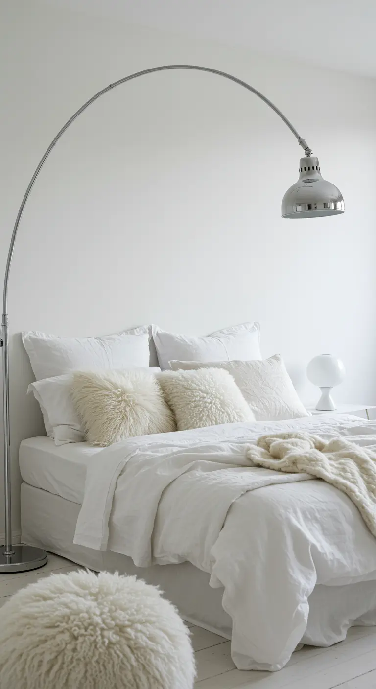 All-white bedroom with a large chrome arc floor lamp and faux fur pillows on the bed.