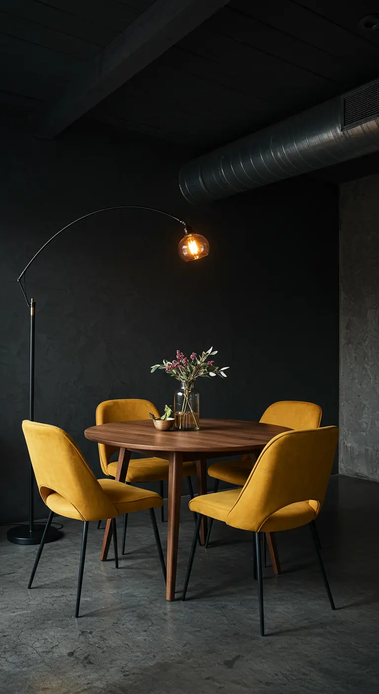 Moody dining nook with mustard yellow chairs, a dark wood table, and a large black arc lamp.