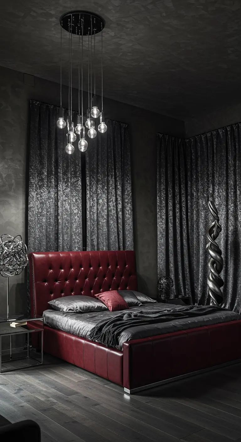Dark gray bedroom with a deep red tufted leather bed and metallic accents.