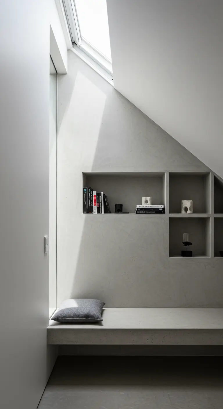 A minimalist reading bench made of light grey concrete under a skylight in an attic.