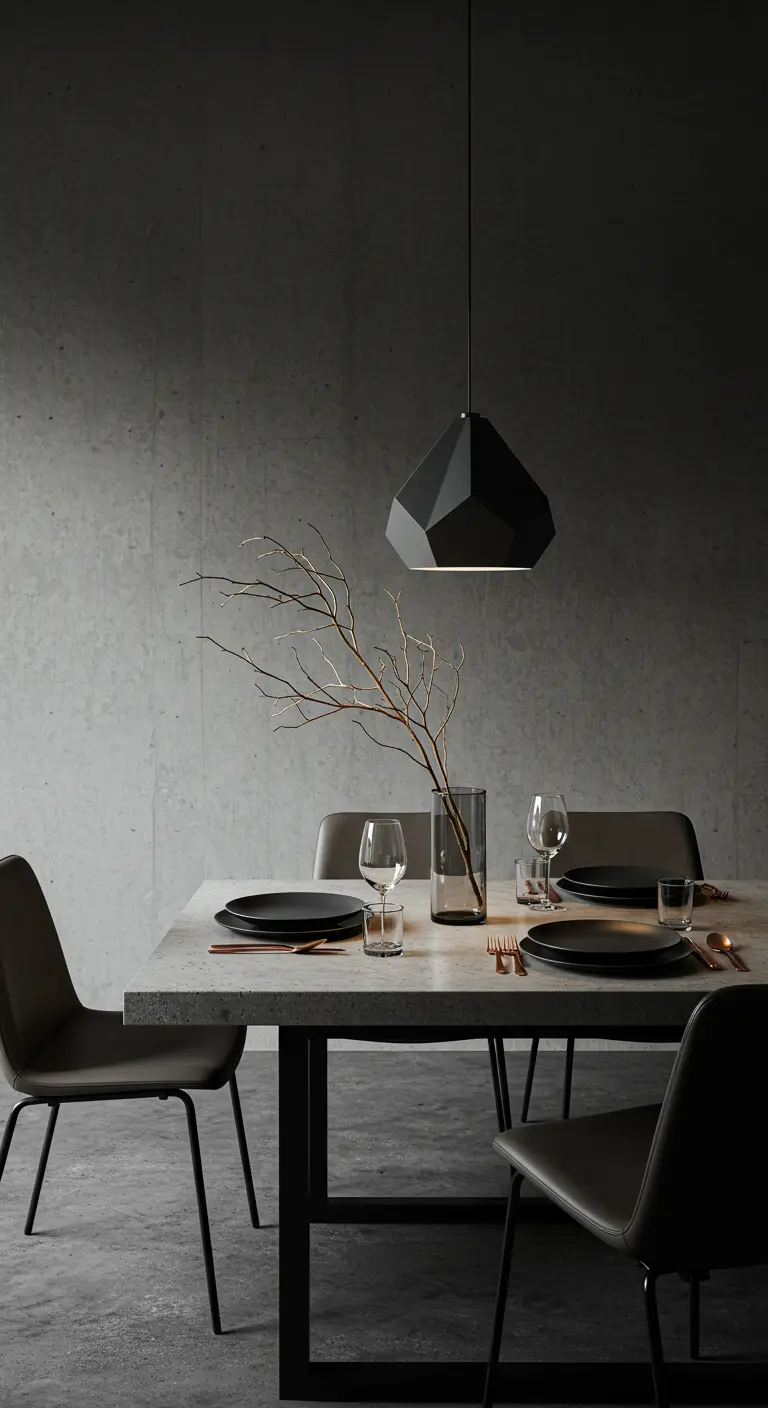 A minimalist dining table with matte black plates and a sculptural branch centerpiece.