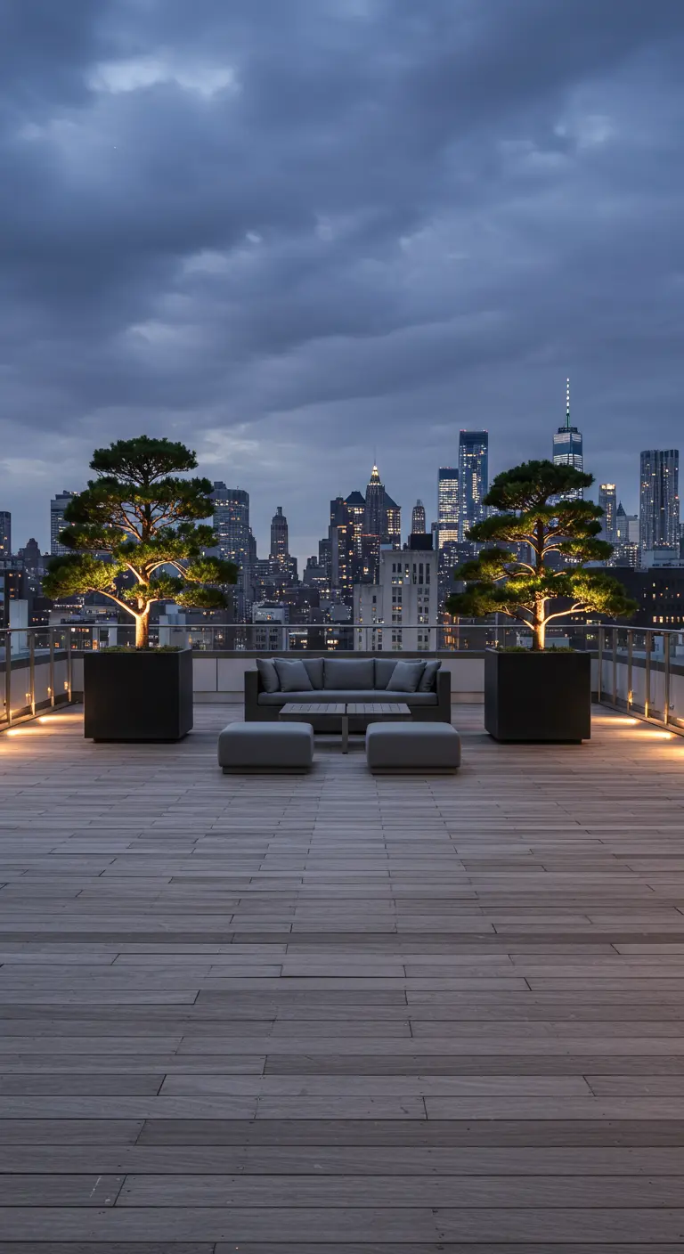 Two large planters with sculpted pines framing a sofa on a rooftop with a city view.
