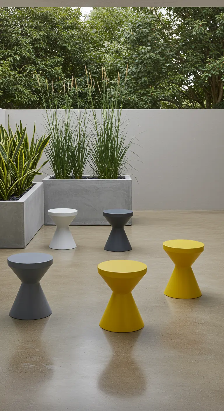 Modern hourglass-shaped stools in yellow, grey, and white on a sleek concrete patio.
