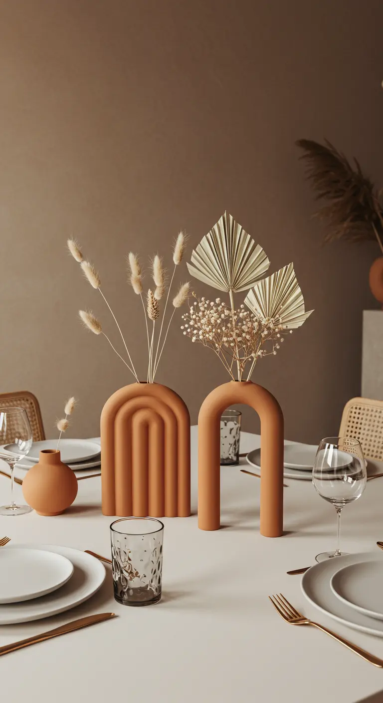 Modern terracotta arch-shaped vases with dried grasses on a minimalist table setting.