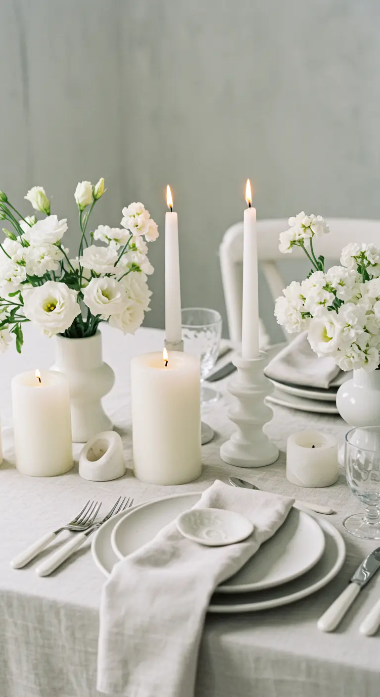 An all-white tablescape with matte ceramic plates, sculptural candles, and white flowers.