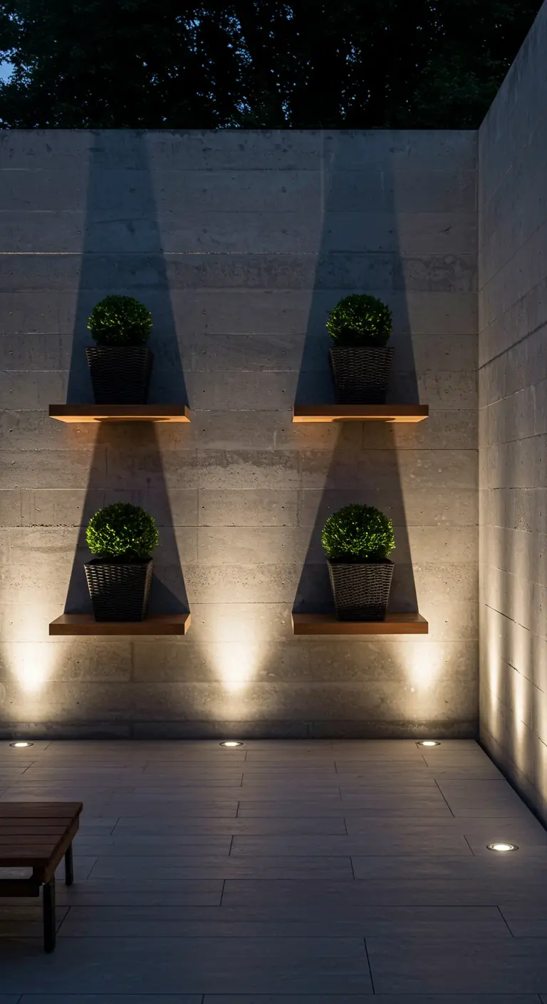 Four small teak shelves on a concrete wall, each holding a boxwood topiary lit from below.