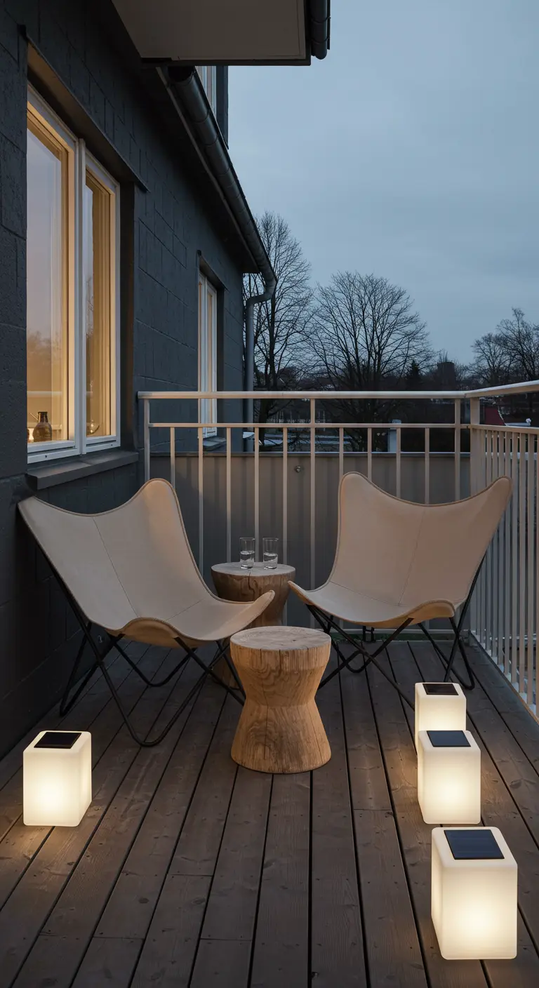 Modern balcony with two butterfly chairs, wood stump tables, and glowing solar light cubes.