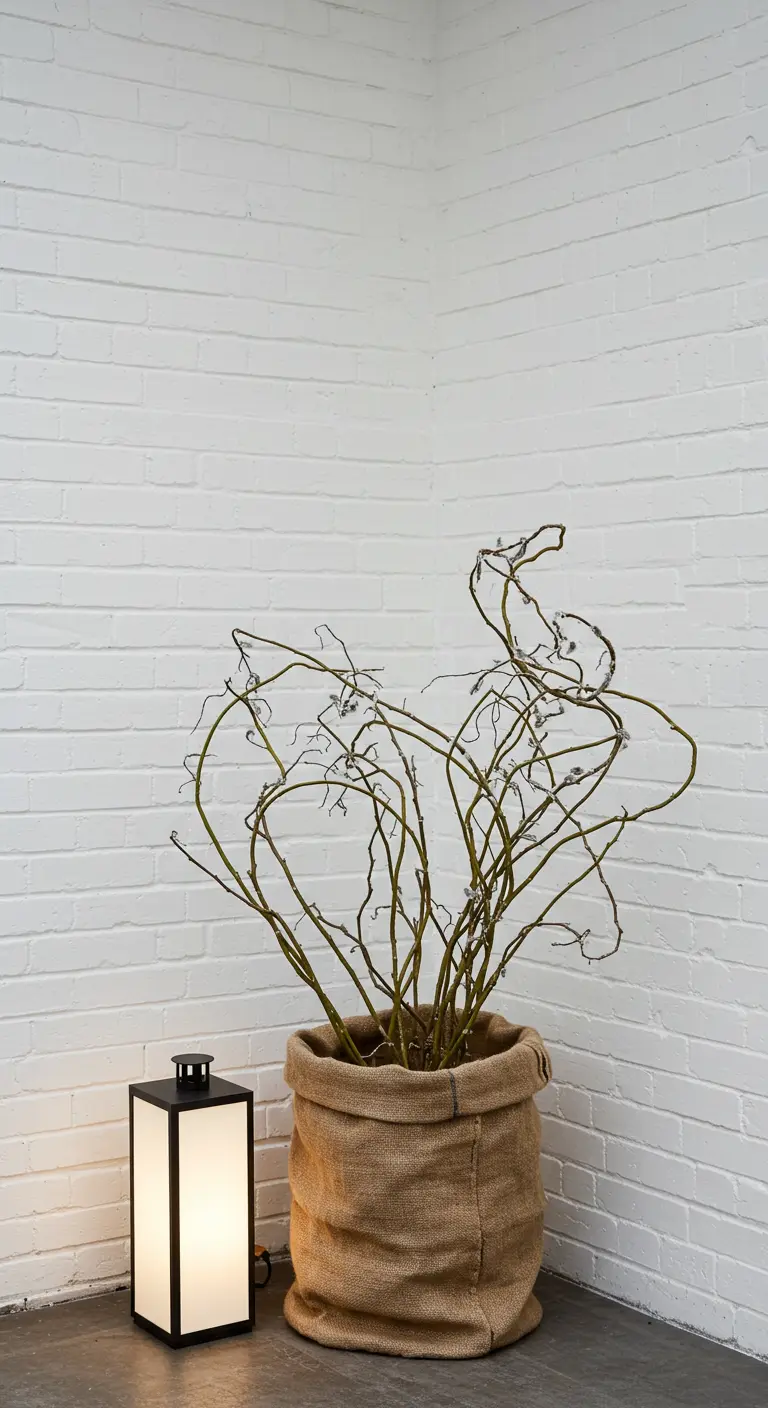 A burlap sack holding curly willow branches next to a modern lantern against a white brick wall.