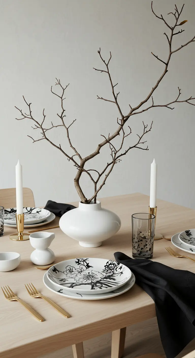 Minimalist table with a bare branch in a white vase and floral-printed plates.