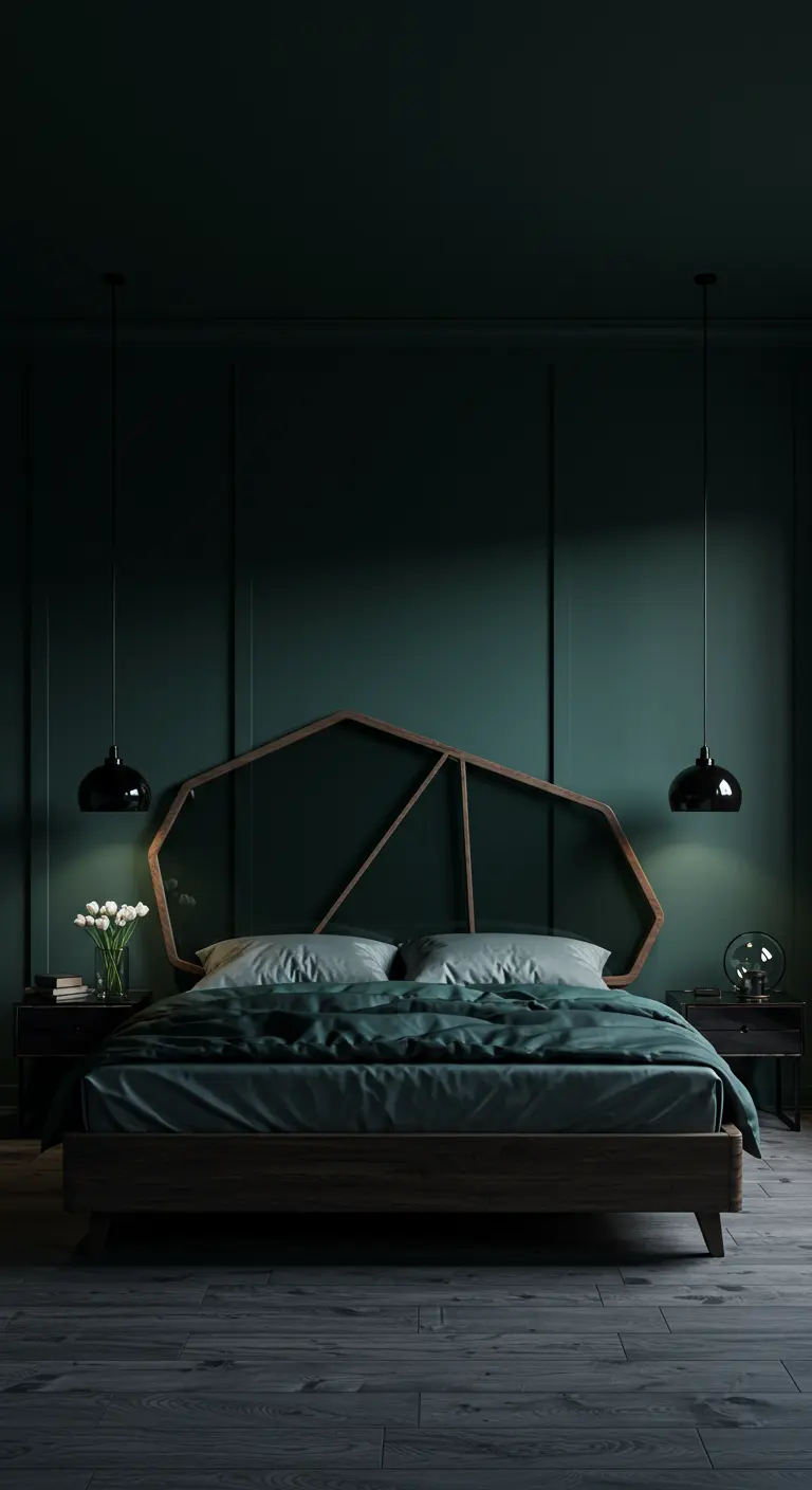 Moody teal bedroom with a unique, abstract geometric wood-trimmed headboard.