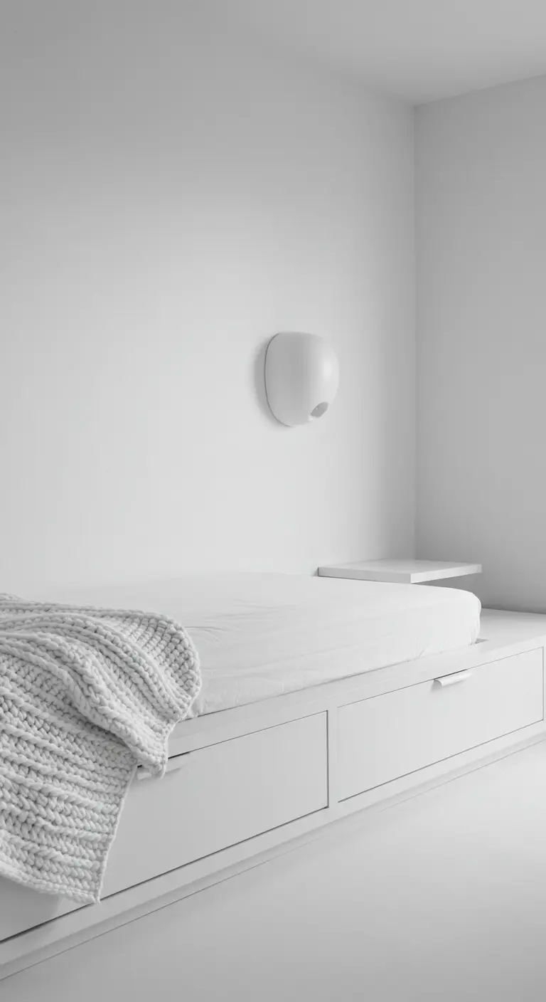 All-white minimalist bedroom with a sculptural wall sconce and under-bed drawers.
