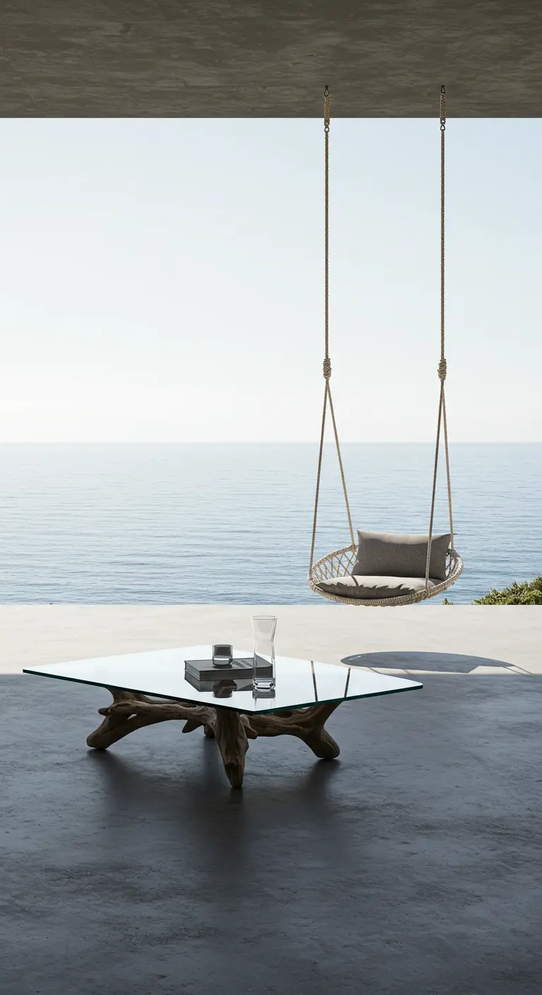 Minimalist patio with a glass-top driftwood table and a hanging rope chair overlooking the sea.