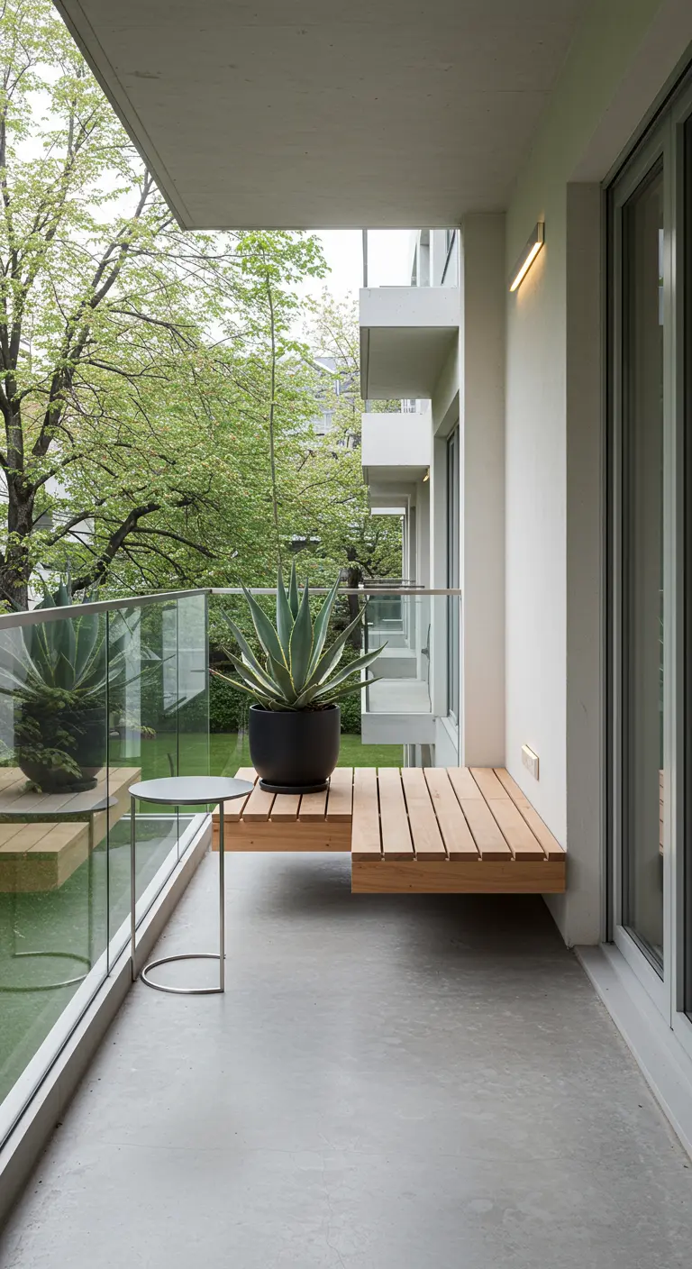 Narrow balcony with a floating wood bench and a large potted agave plant.