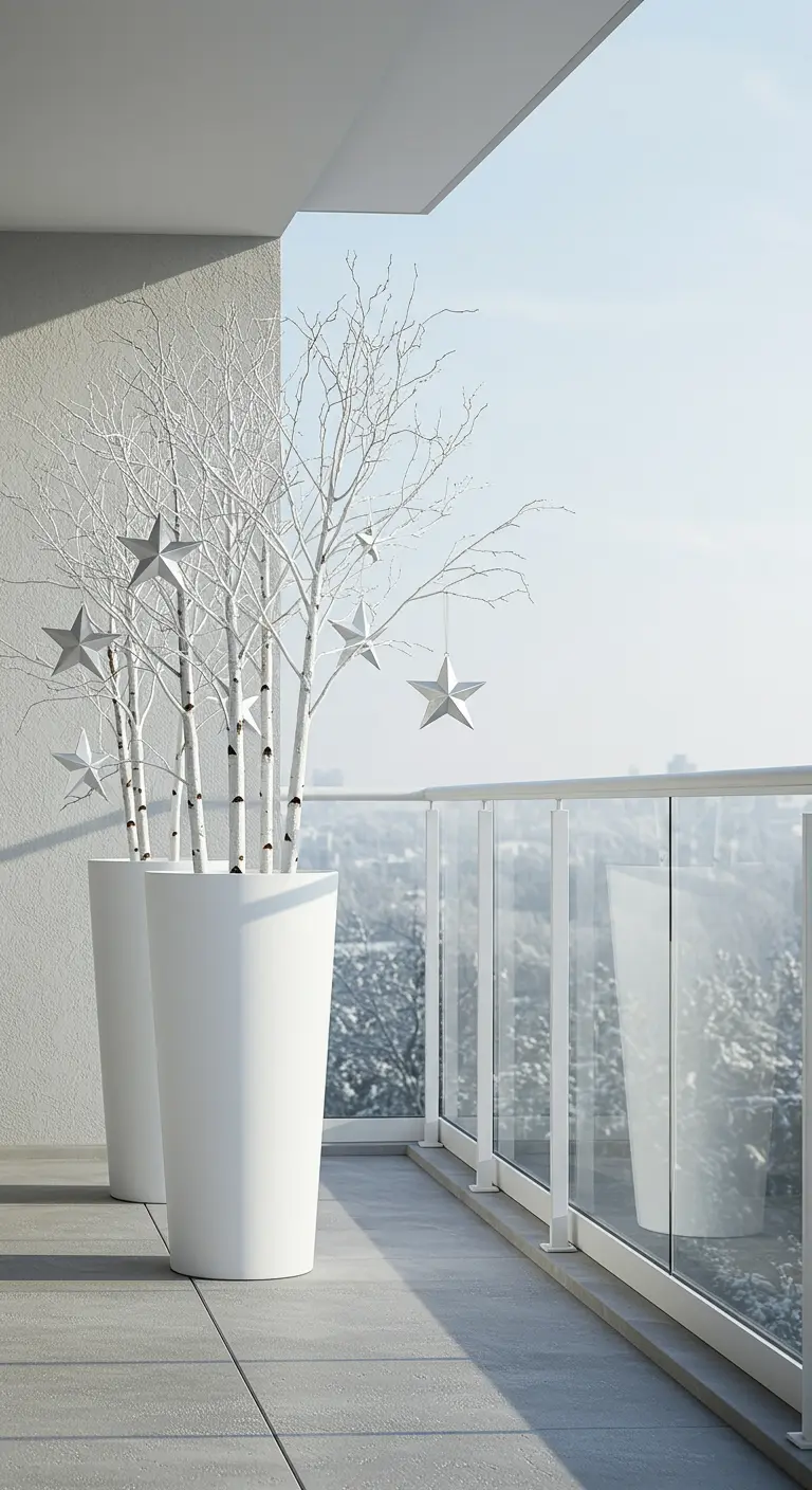 White birch branches in a tall white planter on a modern balcony, decorated with silver stars.