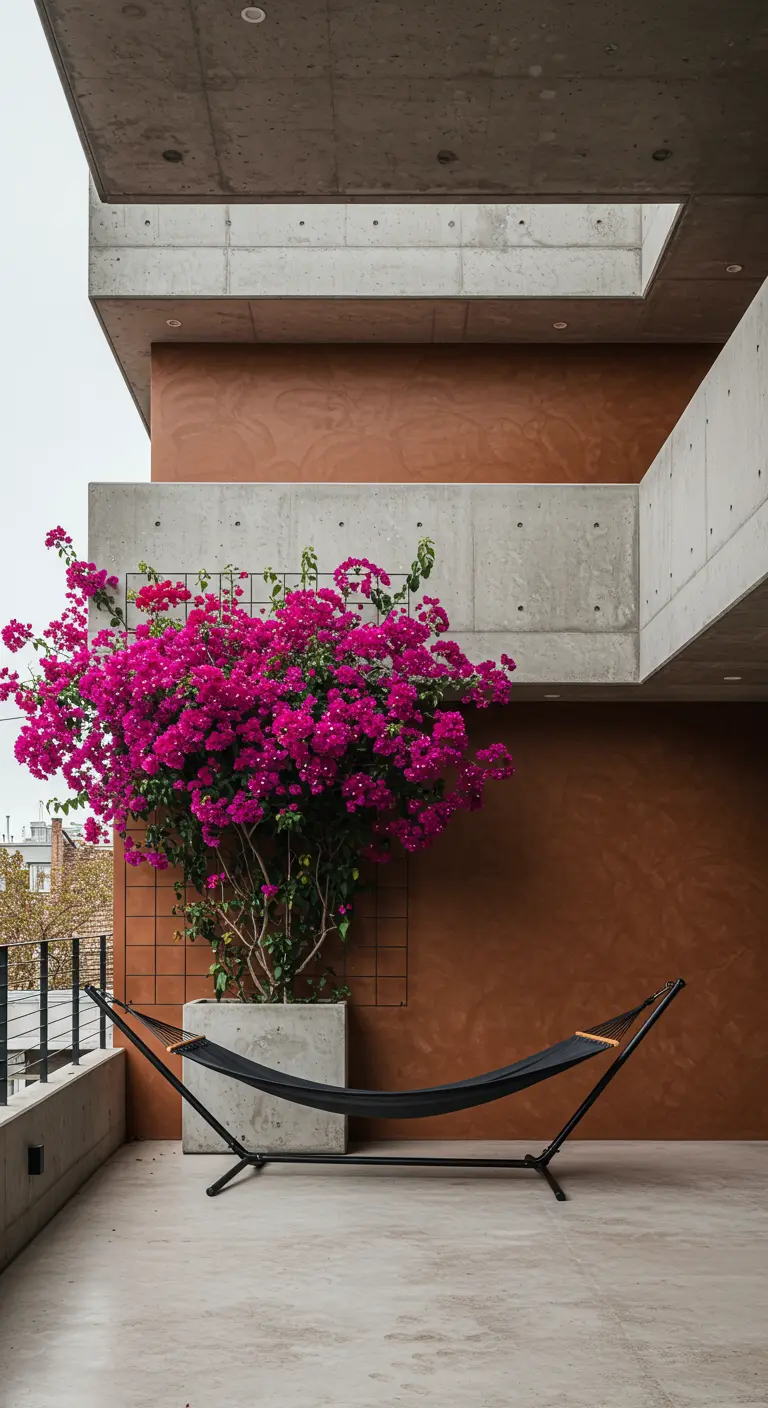 A minimalist balcony with a black hammock, concrete planter, and a single bougainvillea.