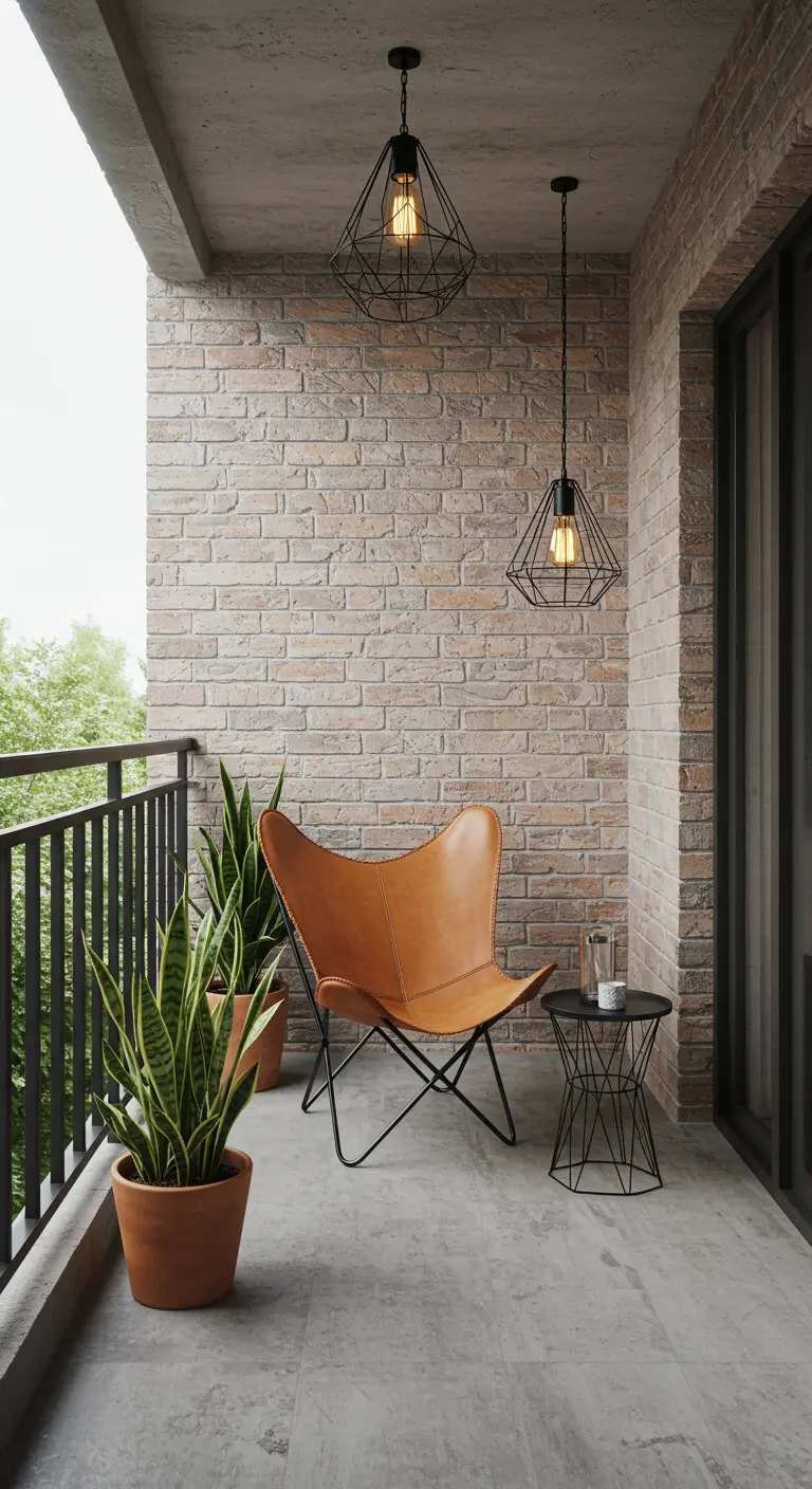 Minimalist balcony with a brown leather butterfly chair and two black geometric cage pendant lights.