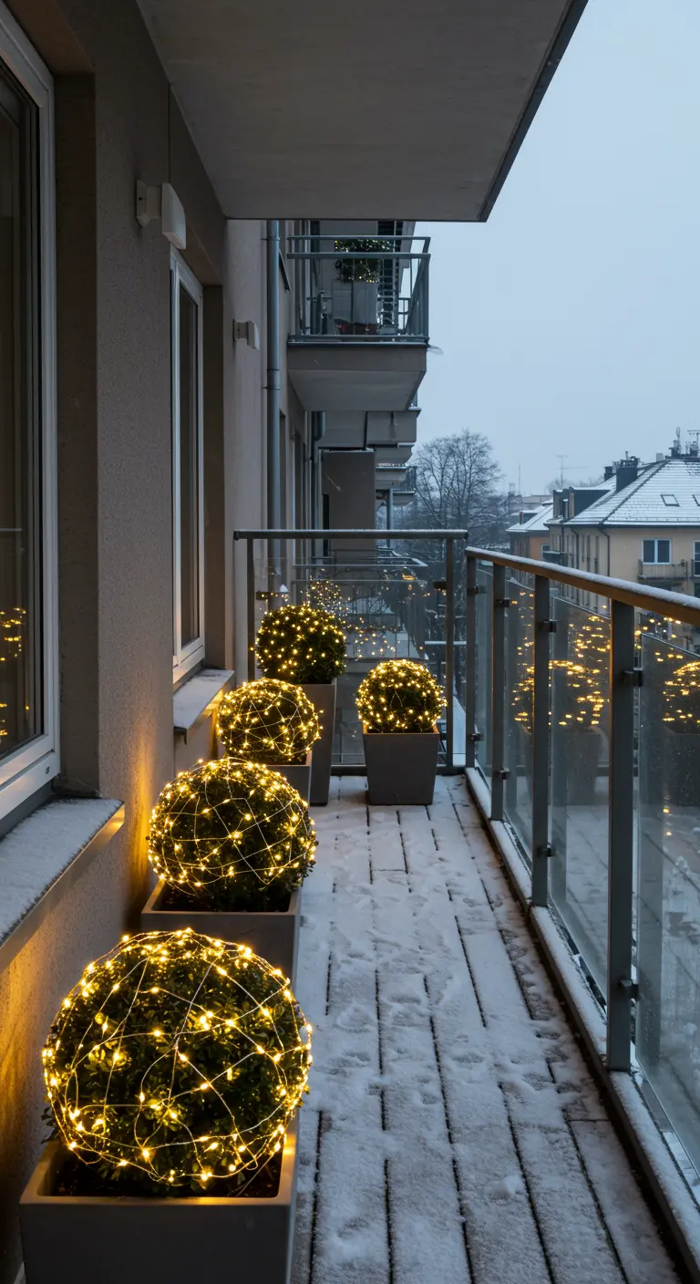 A modern balcony with boxwood spheres wrapped in fairy lights inside tall planters.