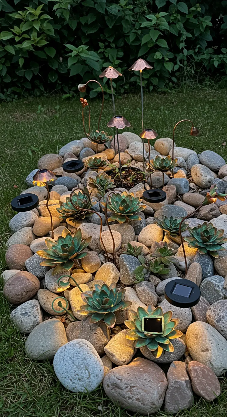 Artistic copper-toned solar flower lights nestled among succulents in a river rock garden.
