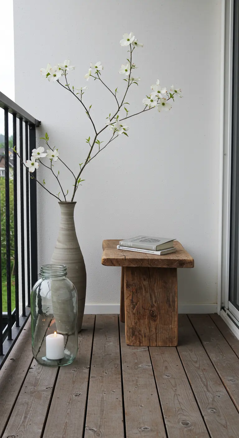 A minimalist balcony with a dogwood branch in a tall vase, a rustic stool, and a glass lantern.