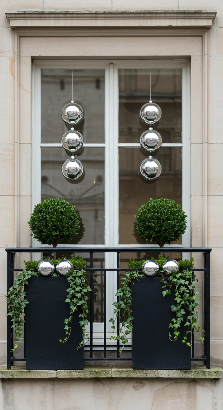 A symmetrical balcony display with black planters, boxwoods, and stacked silver baubles.