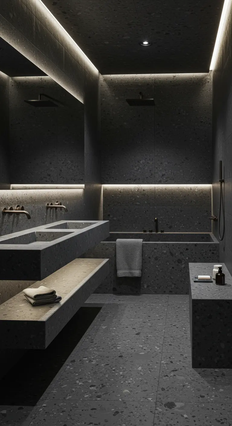 Moody terrazzo bathroom with integrated tub and vanity, illuminated by hidden LED strips.