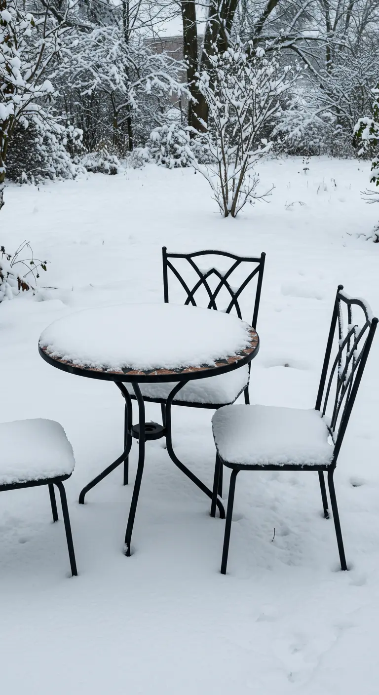 A black wrought-iron bistro set covered in a layer of fresh snow in a winter garden.