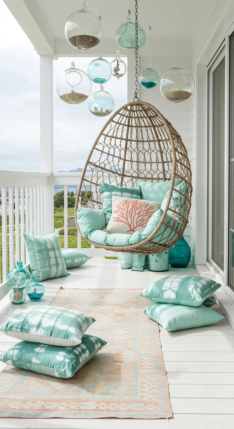 A white coastal balcony with a hanging egg chair, aqua cushions, and sand-filled glass orbs.