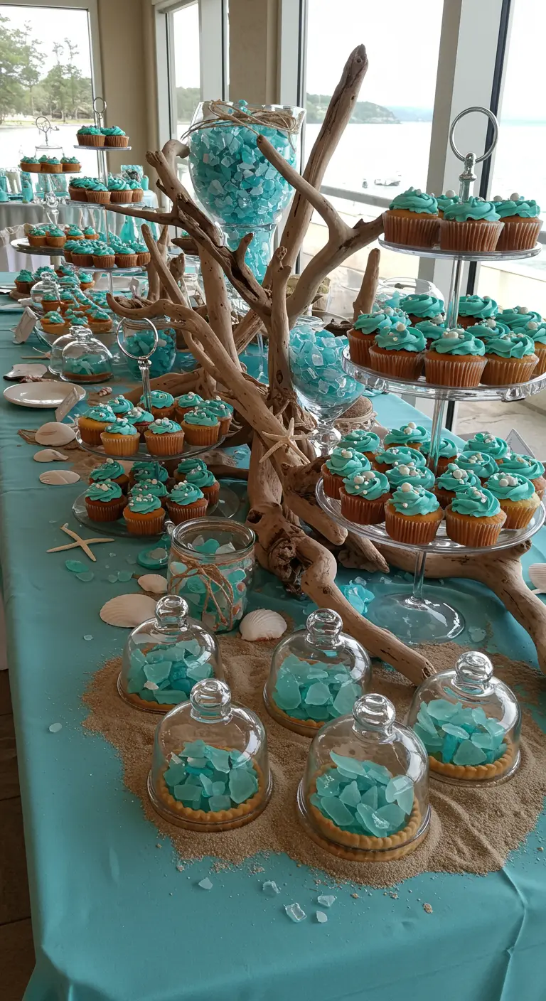 Coastal dessert table with driftwood stands, cupcakes, and sea glass in jars.